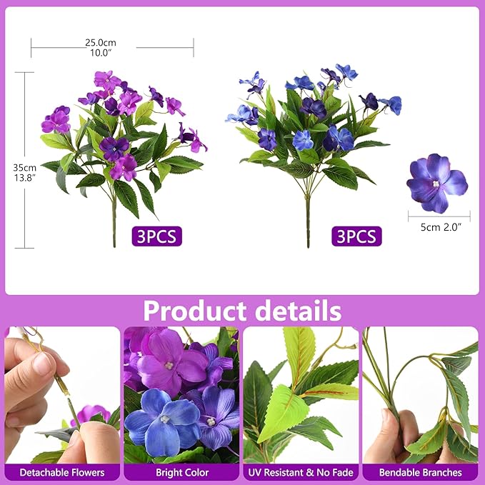 Artificial Fake Flowers for Outdoor, 6 Bundles UV Resistant Faux Plants Decoration Silk Flowers No Fade Plastic Flowers for Outside Planters Home Porch Patio Yard Garden Decor