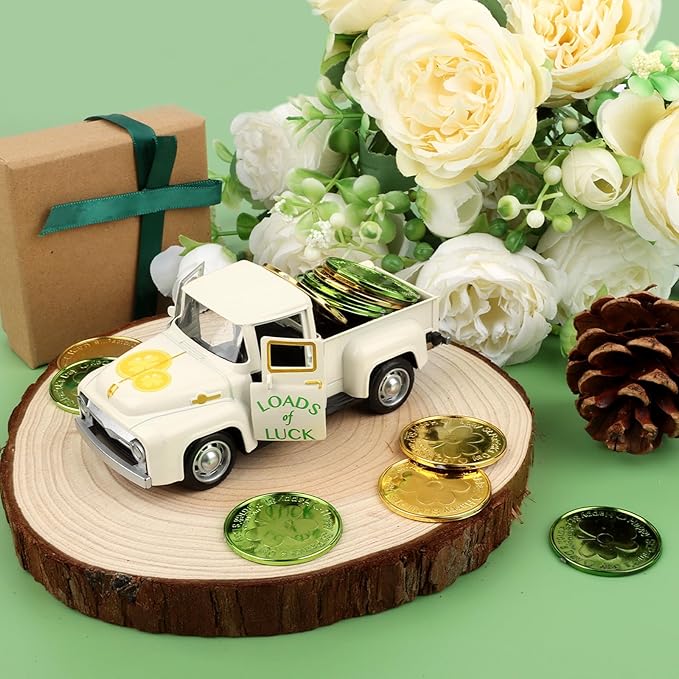 St Patricks Truck Decor White Metal Car with Gold Green Coin St Patrick’s Day Decor Farmhouse Vintage Green Metal Truck Decor Irish Party Decoration Vintage Collectible Car for Desk Bookshelf
