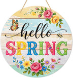 PETCEE Hello Spring Door Sign - 11.5" Colorful Flowers Welcome Wreath for Front Door Spring Decorations Farmhouse Porch Decor Rustic Round Wreath Sign Hanging Wall Plaque Easter Home Outdoor Decor