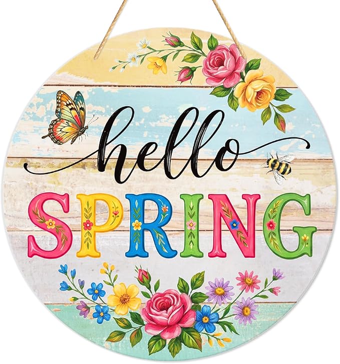 PETCEE Hello Spring Door Sign - 11.5" Colorful Flowers Welcome Wreath for Front Door Spring Decorations Farmhouse Porch Decor Rustic Round Wreath Sign Hanging Wall Plaque Easter Home Outdoor Decor