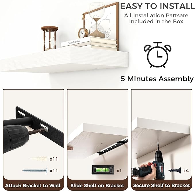 Venusmiles Floating Shelves for Wall, 48 Inch Wide x 12 Inch Deep Floating Shelves, Long Wood Floating Wall Shelf Shelves for Living Room Bathroom Bedroom Kitchen Home - (White, 48" W x 12" D x 2" H)