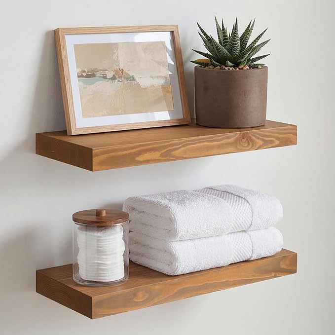 Homeforia 16 inch Golden Oak Floating Shelf, High End Solid Real Wood 16inch Small Floating Shelves for Wall Mounted, Oak Wooden 16in Floating Shelves, Heavy Duty Bracket, 16 X 6.5 X 1.75 in, Set of 3