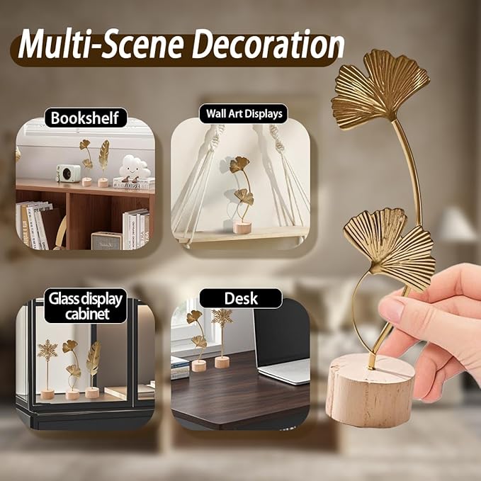 Gold Leaf Home Decor Set - Metal Leaves Statues, Modern Artistic Sculptures for Living Room, Office, Shelf & Home Decorative, Handmade 3D Botanical Accents (Monstera, Ginkgo, Snowflake, 3PCS)