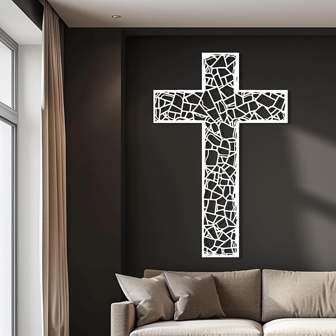 WORGO White Metal Cross Wall Decor Iron Christian Cross for Home Church, Hollow Out Artistic Hanging Ornament, Crosses Wall Decor for Living Room, Bedroom, Decorative Thankful Religious Gift 41.3x27.4 inch