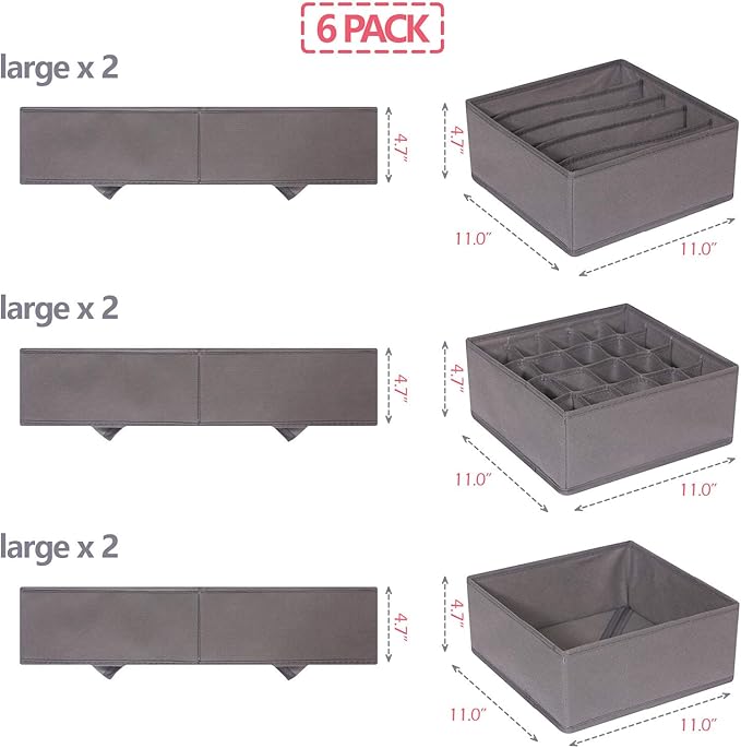 DIOMMELL 6 Pack Foldable Cloth Storage Box Closet Dresser Drawer Organizer Fabric Baskets Bins Containers Divider for Clothes Underwear Bras Socks Lingerie Clothing, M Grey 22-2000
