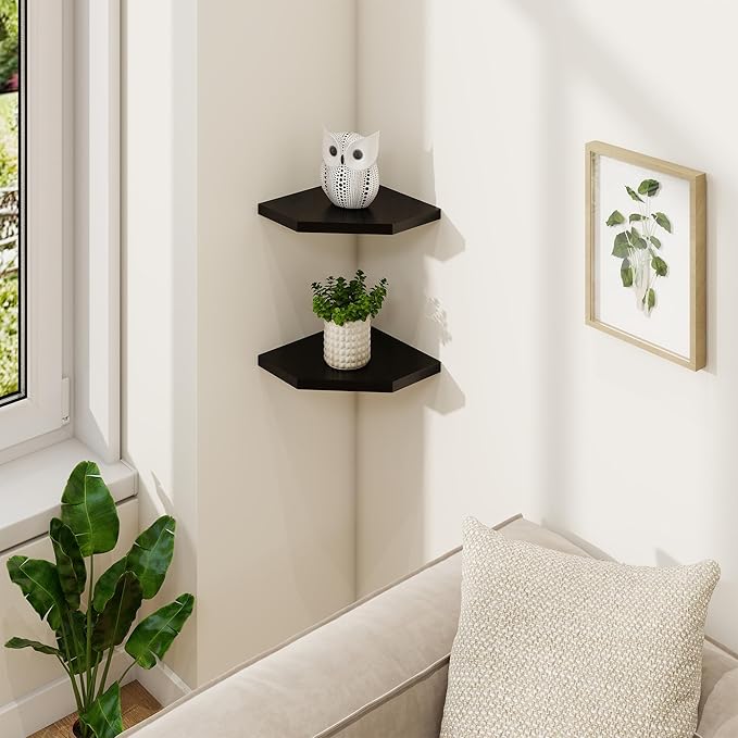 Fun Memories Corner Shelf Wall Mount Set of 2 - Solid Oak Wood Floating Corner Shelf with Cable Hole, 7in Rustic Design for Bedroom, Living Room, Kitchen (Black)