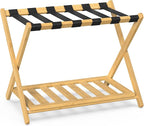 2 Pack Bamboo Luggage Rack for Guest Room, 26.77" Folding Wide Suitcase Stand with Storage Shelf, Thickened Luggage Stand Holder for Bedroom Hotel, Luggage Rack for Suitcases (Natural)