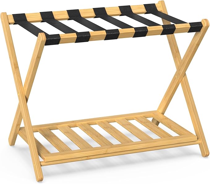 2 Pack Bamboo Luggage Rack for Guest Room, 26.77" Folding Wide Suitcase Stand with Storage Shelf, Thickened Luggage Stand Holder for Bedroom Hotel, Luggage Rack for Suitcases (Natural)