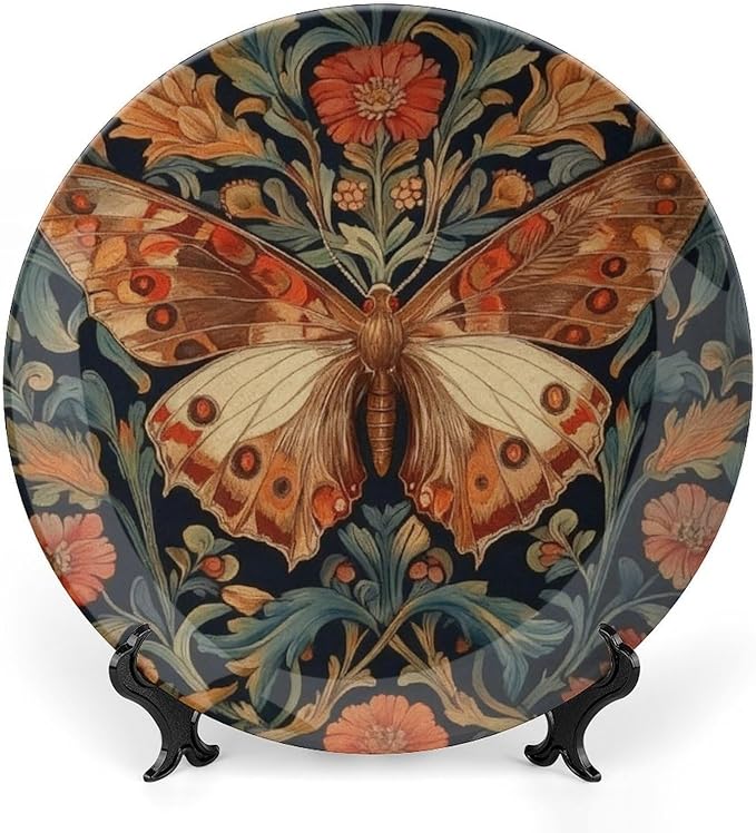 William Morris Art Wildflower Butterflies China Plates Decor for Club Farmhouse Art Decoration Custom Anniversary Idea Gifts Ceramic Ornaments Dessert Plates Including Bracket And Special Hook