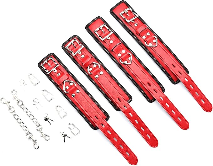 EXREIZST Expandable 2 Spreader Bar Set with Bag and 4 Premium Soft Pad Leather Straps with 2 Chains Adjustable Home Yoga Bar Kit, Silver and Red