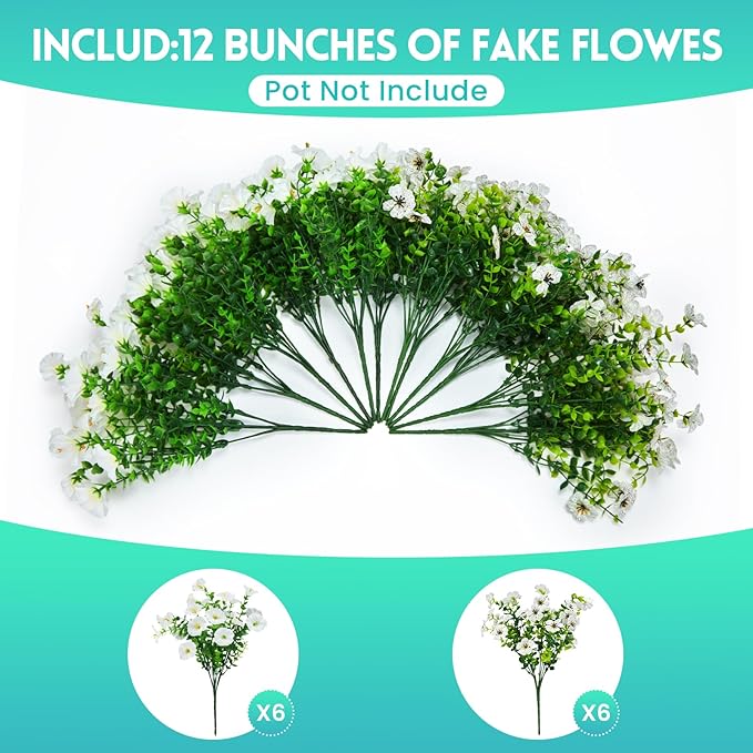 Artificial Flowers for Outdoors Faux Plants Outside Indoor,Realistic UV Resistant Silk Fake Daisy Petunias for Home Patio Garden Back Yard Front Poch Decor Spring Summer(12 Bunches,White)