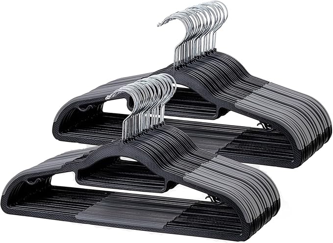 Coat Hangers 50 Pack, Plastic Clothes Hangers Non Slip with Rubber Grip, Heavy Duty Hanger with 360° Swivel Metal Hook, Ultra Thin Hangers Space Saving for Closet Organizer, Black and Dark Gray