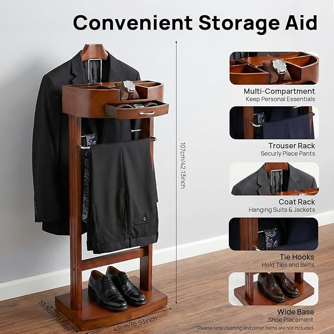 Wood Valet Stand, 42 Inch Freestanding Suit Rack Coat Stand with Trouser Bar and Tie Hooks for Entryway Bedroom Office, 22 lbs Capacity