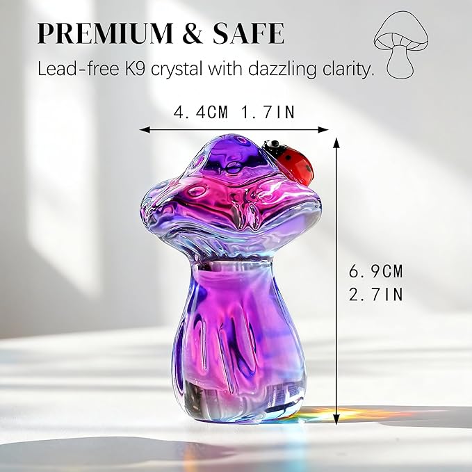 H&D HYALINE & DORA Crystal Mushroom Ladybug Figurine Handmade Glass Plant Figurine Collectible Kitchen Decor Mushroom Gifts for Women (Purple)