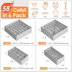 Criusia 6 Pack Sock Underwear Drawer Organizer Dividers, 58 Cell Foldable Fabric Dresser Closet Organizers and Storage Bins for Clothing, Baby Clothes, Bra, Panty, Scarf, Ties (Grey)