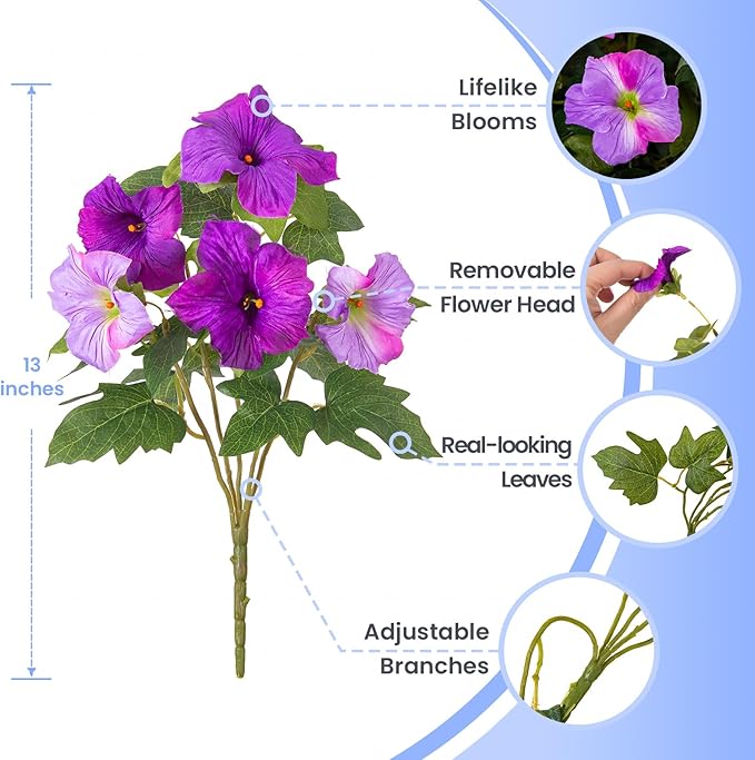 6 Pcs Artificial Petunia Flowers for Outdoor, Fake Spring Petunias Faux Silk Flowers for Outdoors UV Resistant Plants for Planters Garden Porch Patio Window Box Indoor Table Decor(Double Purple)