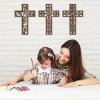 Yookeer 3 Pcs Wooden Cross Wall Decor Cross Hanging Handmade Antique Religious Brown Wooden Home Decorations Hand Carved Wall Decor for Church Home Office Baptism Gift for Christian