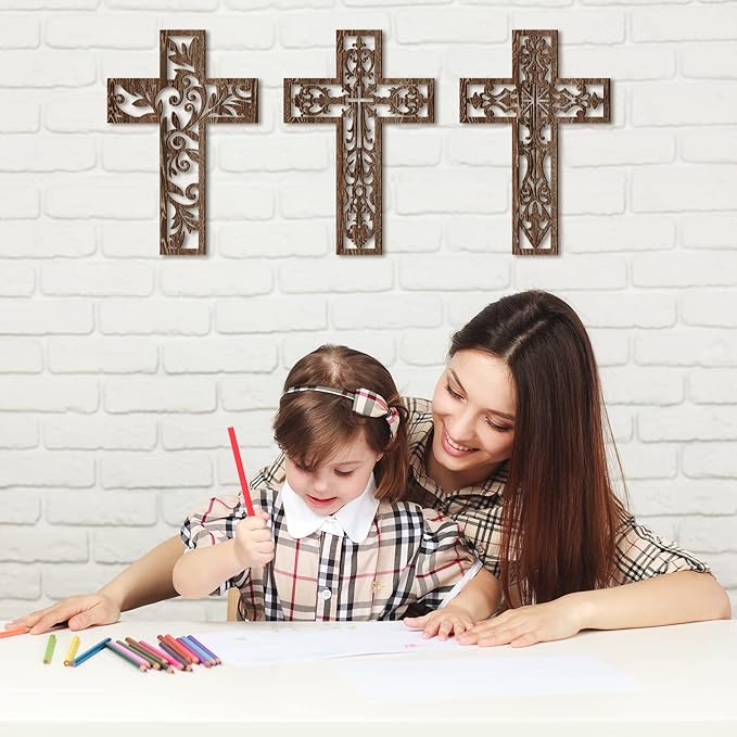 Yookeer 3 Pcs Wooden Cross Wall Decor Cross Hanging Handmade Antique Religious Brown Wooden Home Decorations Hand Carved Wall Decor for Church Home Office Baptism Gift for Christian