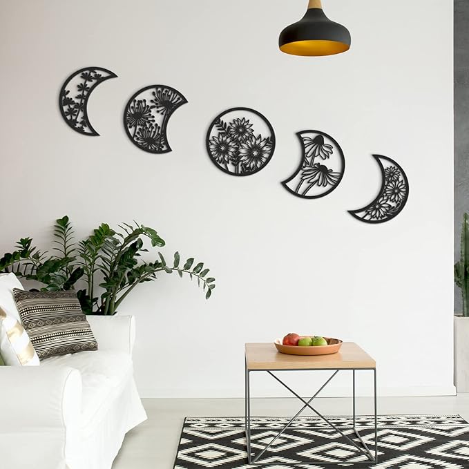 Jetec 5 Pcs Moon Phase Wall Art Decor Wall Pediments Hanging Wooden Phase Spiritual Bedroom Nordic Boho Lunar Aesthetic Art for Living Room Dorm Apartment Ornament (Black)