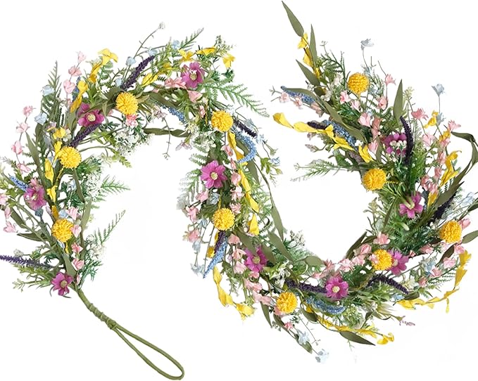 70-Inch Spring Summer Flower Garland for Mantle, Floral Garland with Colorful Wildflowers, Forsythia & Lavender Flowers for Decor, All Year Round Artificial Flower Garlands for Home Decor