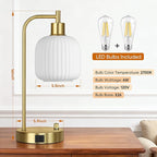 QiMH Industrial Table Lamp for Bedroom Set of 2, Cream Glass Beside Lamp with USB A&C Ports, Stepless Dimmable Gold Lamps, Nightstand Lamps for Living Room, Office, Home Decor(Bulb Included)