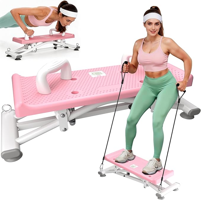 Balance Board with Pushup Handles, 300LBS Ski Balancing Machine Exercise Equipment with Resistance Bands LCD Monitor for Cardio, Home Ski Simulator Trainer for Full Body Workout, Pink
