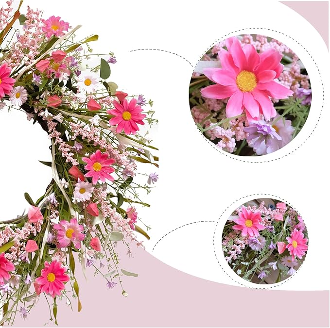 TEMPUS 24 Inch Artificial Spring and Summer for Front Door Wreath Pink Daisy and Lavender Wreath Garden Party Home Wall Wedding Decor