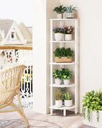 IBUYKE 5 Tier Corner Shelf Stand,Industrial Corner Display Rack,Corner Bookshelf for Living Room, Bedroom, Kitchen, Home Office, White WBC010W