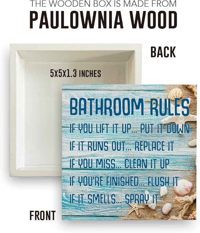 Beach Bathroom Decor Bathroom Rules Starfish Summer Decorations Wooden Box Sign for Home Office Farmhouse Table Shelf