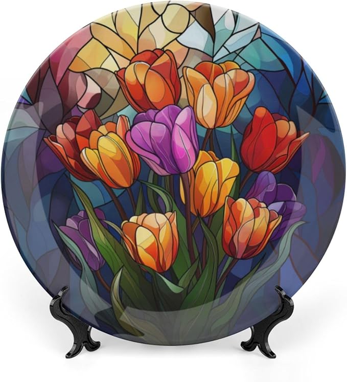 Stained Glass Theme Decorative Ceramic Plate Round Porcelain Plate,8 inch,Tulip Pattern,for Decorative Ornaments Giving Plates, 1 Plate with 1 Display Stand,Multicolor