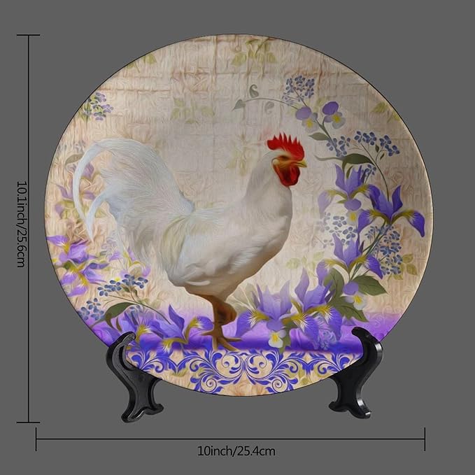 Rooster Decorative Plates, 10 Inch, Purple Wreath Around The Rooster Round Display Plate, Handmade Ceramic Ornament, for Wall Hanging Living Room Bathroom Decor Gift