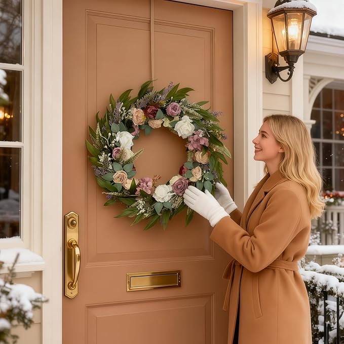 26 Inch Eucalyptus Wreaths with Roses, Hydrangeas, Lavender, Berries, Salal Leaves, Ferns, Dusty Miller, Green Summer Spring Wreaths for Front Door, Large Wreath for Porch Decor