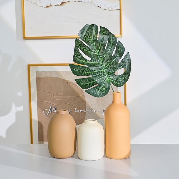 Ceramic Vase Set of 3,Neutral Modern Vases for Bouquet Pampas Grass Dried Fresh Flowers,Rustic Home Decor for Living Room,Bedroom Entryway(Beige)