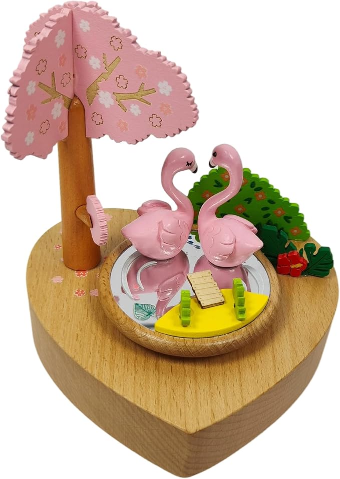 Wooden Flamingo Music Box - Heart Shaped Music Box Base, Flamingos rotate with the music, Mechanical Musical Box, Gift for Birthday, Valentine's Day, Wedding, Anniversary, Home Décor (Flamingos)