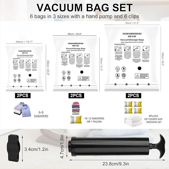 6 Pack Vacuum Storage Bag with Hand Pum,Space Saver Bags(2 jumbo,2 medium,2 small) Compression Packing Bags,Vacuum Seal Bags for Clothes Travel Bedding Blanket Pillows Comforters