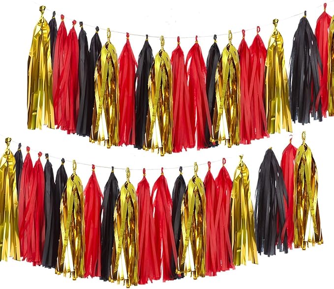 Gold Black and Red Paper Tissue Tassels Party Tassel Garland Banner for Party Decorations,15 Pcs
