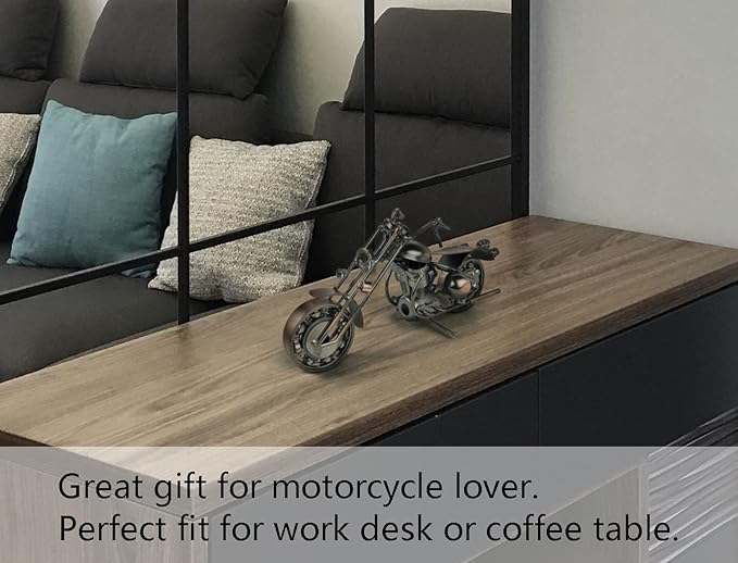TRANSGOOD Handmade Motorcycle Model with Rolling Wheels, 9" Vintage Steampunk Bike Sculpture, Heavy-Duty Iron Desk Decor, Unique Biker Gift for Dad Husband, Industrial Man Cave Office Home Art