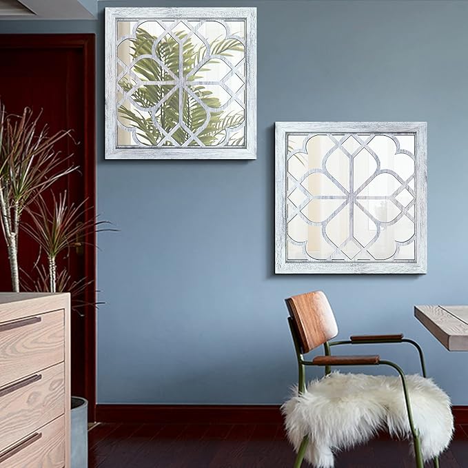 Wocred 2 PCS Square Wall Mirror,Gorgeous Rustic Farmhouse Accent Mirror,Rustic White Color Entry Mirror for Bathroom Renovation,Bedrooms,Living Rooms and More （20”）
