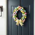 Glitzhome 18" H Easter Wreath with Artificial Easter Eggs Berries for Front Door Wall Decor, Spring Easter Egg Shaped Garland with Colored Eggs Bow Knot Holiday Decoration