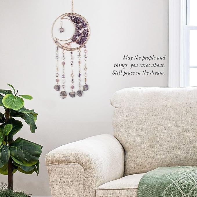 Purple Gemstone Dream Catcher 7 Chakras Tree of Life Moon Dream Catchers with Healing Crystal Stones Handmade Suncatcher Dreamcatcher Wall Decor for Adults Living Room,Bedroom,Garden,Bless Gift