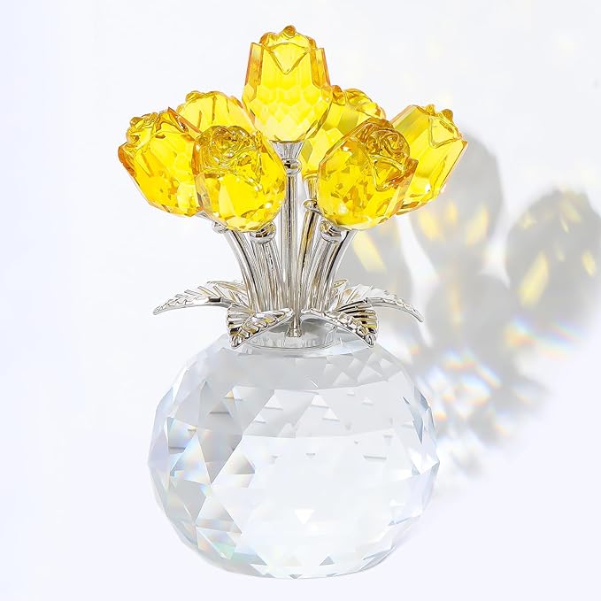 Arikyrist Crystal Yellow Rose Bouquet Figurine with Round Vase Gifts for Her, Glass Rose Flower Romantic Keepsakes for Women Mom on Christmas, Collectible Decoration Table Centerpiece for Home