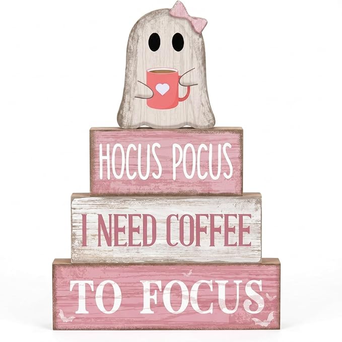 Moucuny 4 Pcs Pink Halloween Table Decorations Coffee Ghost Wooden Stacked Block Decor, "Hocus Pocus I Need Coffee to Focus" Signs, Cute Rustic Halloween Tiered Tray Decor for Home Kitchen Office Bar