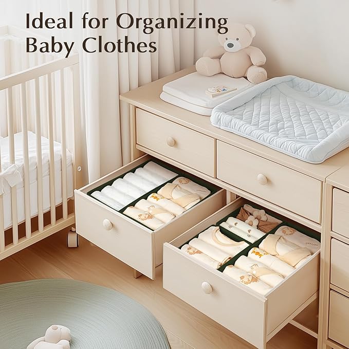DIMJ Drawer Organizers Clothes, Set of 4 Dresser Organizer Bins, Fabric Closet Organizers and Storage, Shallow Drawer Dividers for Nursery, Clothing, Baby Clothes, Socks, Underwears, Tie (Green)