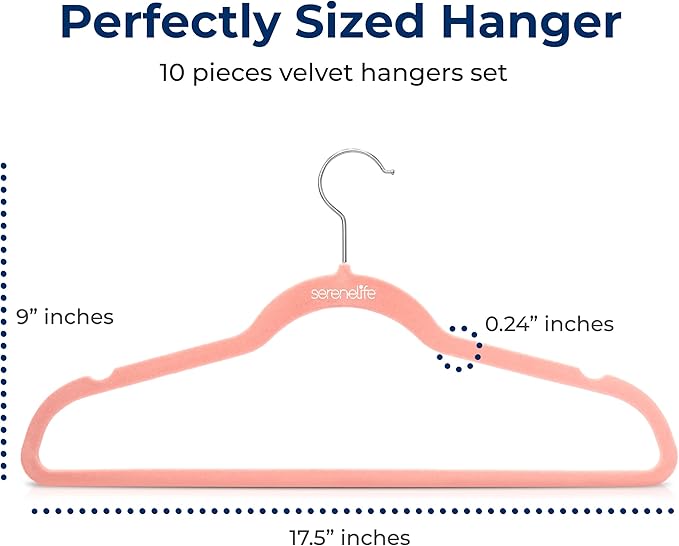 SereneLife 10 Pack Velvet Hangers - Non-Slip with 360° Swivel Hook - Ultra-Thin, Lightweight Velvet Hangers for Shirts, Sweaters, Hoodies, Kids Clothes & Dresses - Space-Saving (Pink)