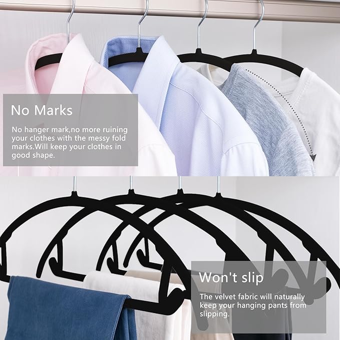 MIZGI Premium Velvet Hangers 60 Pack Heavyduty- Non Slip No Shoulder Bump Suit Hanger - Chrome Hooks,Space Saving Clothes Rounded Shape for Coat,Sweater,Jackets,Pants