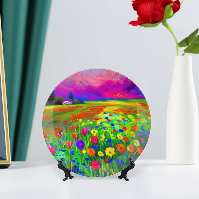 Decorative Plates for Wall Hanging, A Vibrant Wildflower Field Ceramic Plate, Wobble-Plate with Display Stand, Home Decor for Kitchen Cabinets, Farmhouse Round Tray 7 Inch