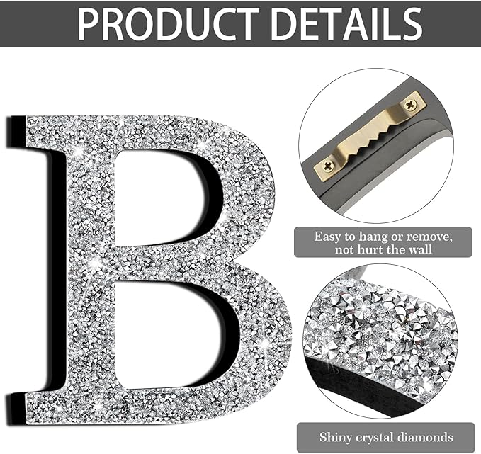 Qunclay 8'' Silver Crystal Diamond Bling Letters Crushed Diamond Decoration Wooden Glitter Letter with Screw and Hooks Rhinestone Gift for Wedding Y2k Mcbling Bedroom Wall Decor (Letter B)