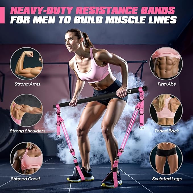 Pilates Bar Kit with Resistance Bands, Heavy Duty Pilates Equipment for Men, Training Bands with Handles for Legs, Hip, Back, Arm, Abs, Chest, Shoulders, Portable Home Gym Workout Equipment