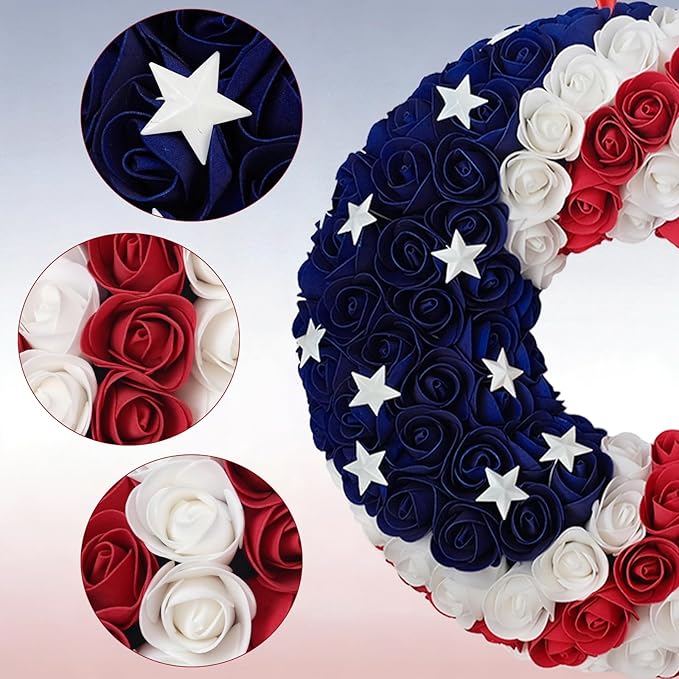 Idyllic 20 Inch Patriotic Wreath, PE Roses with Metal Stars, Suitable for Front Door, Wall, Home Decoration & Memorial Day, 4th of July Decorations
