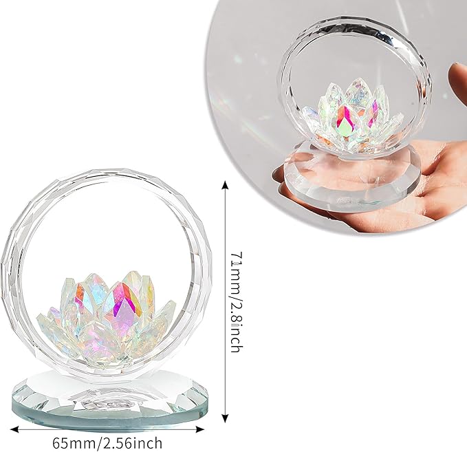 LONGWIN Crystal Lotus Flower Basket Figurine Collectible Glass Flowers Art Decor Reflection Feng Shui Decorative Ornaments for Living Room Bedroom Office AB - Coated